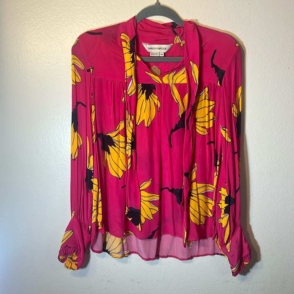 Dhruv Kapoor Hot Pink & Yellow Large Floral Print Long Sleeve Tie Neck Flowy Top